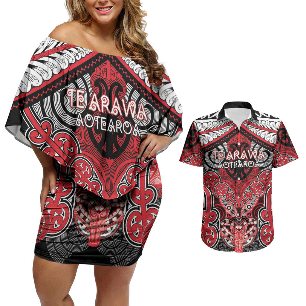 Aotearoa Iwi Te Arawa Personalised Couples Matching Off Shoulder Short Dress and Hawaiian Shirt Maori Kowhaiwhai Pattern