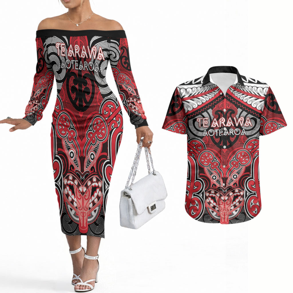 Aotearoa Iwi Te Arawa Personalised Couples Matching Off The Shoulder Long Sleeve Dress and Hawaiian Shirt Maori Kowhaiwhai Pattern