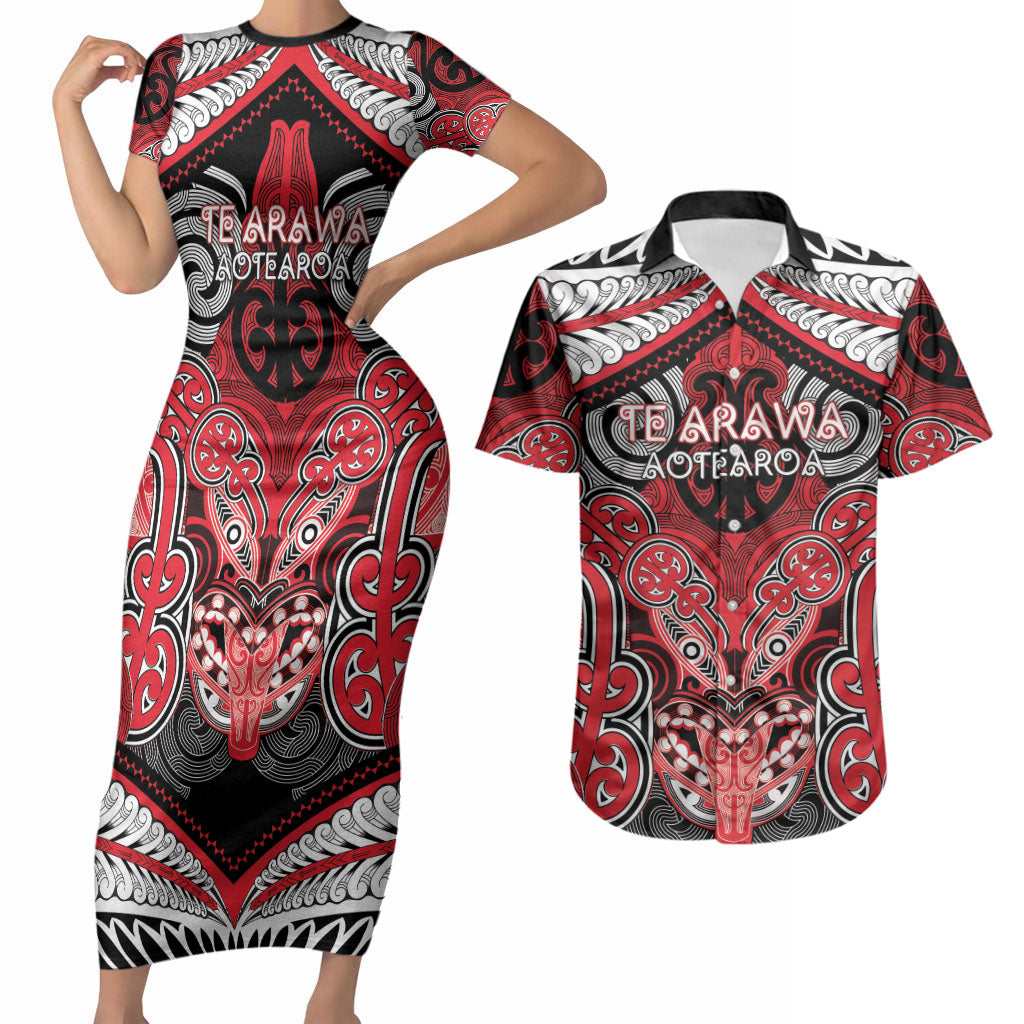 Aotearoa Iwi Te Arawa Personalised Couples Matching Short Sleeve Bodycon Dress and Hawaiian Shirt Maori Kowhaiwhai Pattern