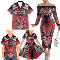 Aotearoa Iwi Te Arawa Personalised Family Matching Off The Shoulder Long Sleeve Dress and Hawaiian Shirt Maori Kowhaiwhai Pattern