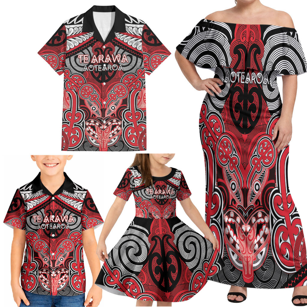 Aotearoa Iwi Te Arawa Personalised Family Matching Off Shoulder Maxi Dress and Hawaiian Shirt Maori Kowhaiwhai Pattern