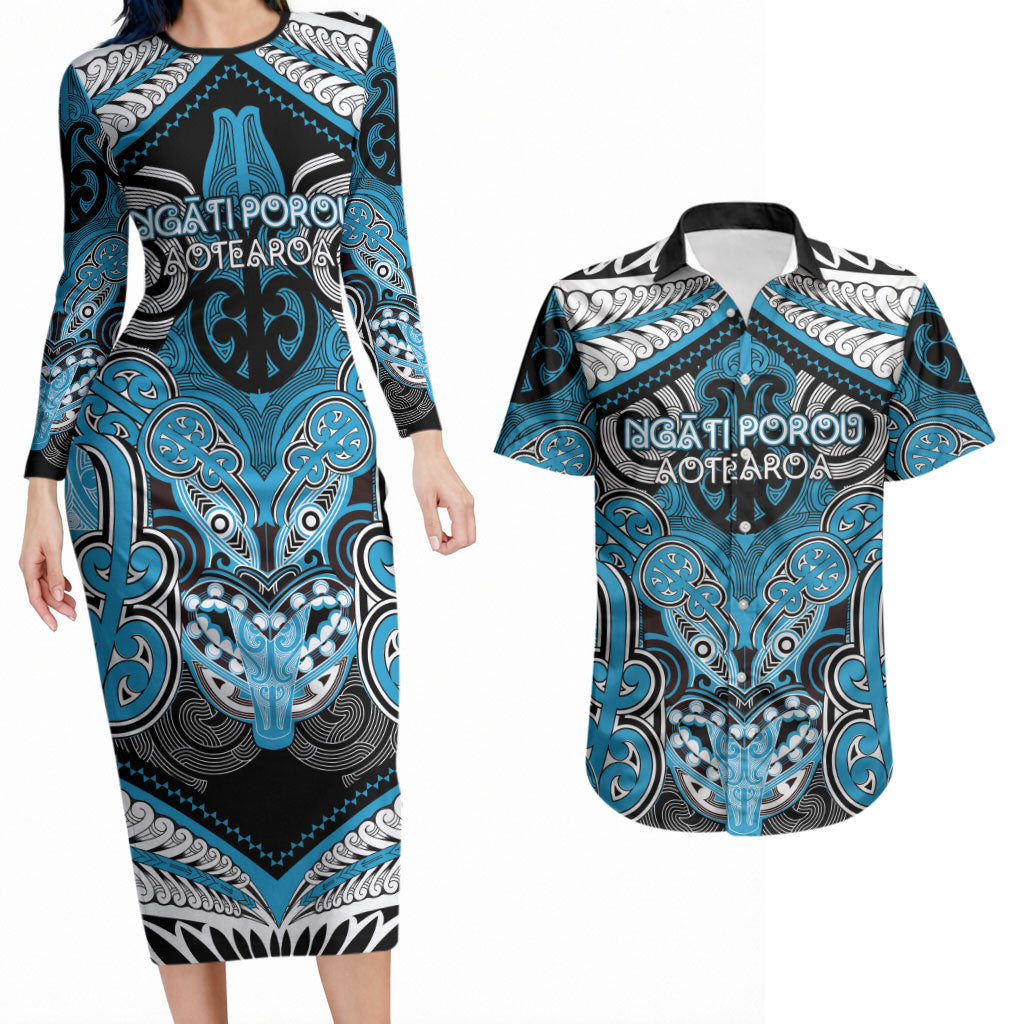 Aotearoa Iwi Ngati Porou Personalised Couples Matching Long Sleeve Bodycon Dress and Hawaiian Shirt Maori Kowhaiwhai Pattern