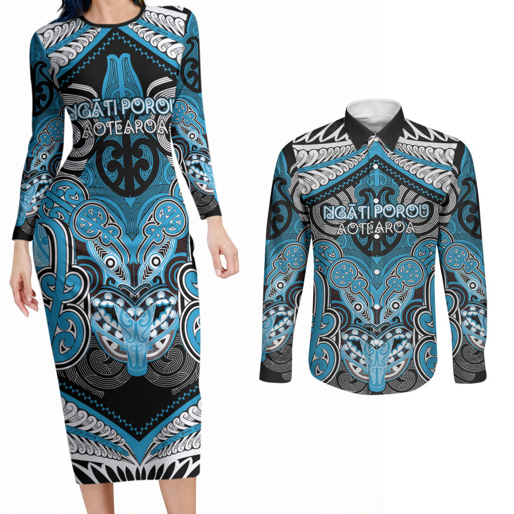 Aotearoa Iwi Ngati Porou Personalised Couples Matching Long Sleeve Bodycon Dress and Long Sleeve Button Shirt Maori Kowhaiwhai Pattern