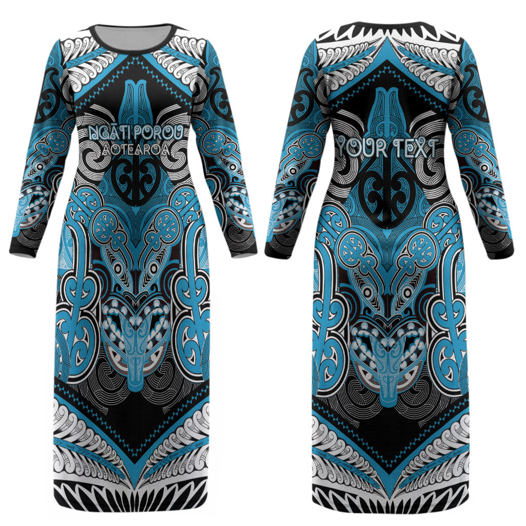 Aotearoa Iwi Ngati Porou Personalised Couples Matching Long Sleeve Bodycon Dress and Long Sleeve Button Shirt Maori Kowhaiwhai Pattern