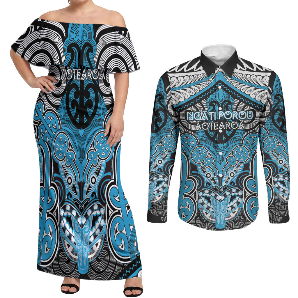 Aotearoa Iwi Ngati Porou Personalised Couples Matching Off Shoulder Maxi Dress and Long Sleeve Button Shirt Maori Kowhaiwhai Pattern