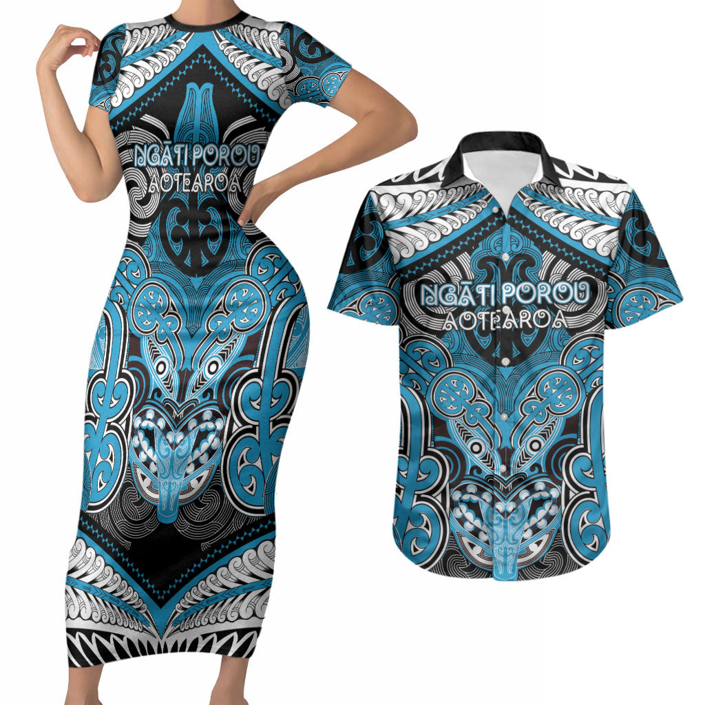 Aotearoa Iwi Ngati Porou Personalised Couples Matching Short Sleeve Bodycon Dress and Hawaiian Shirt Maori Kowhaiwhai Pattern