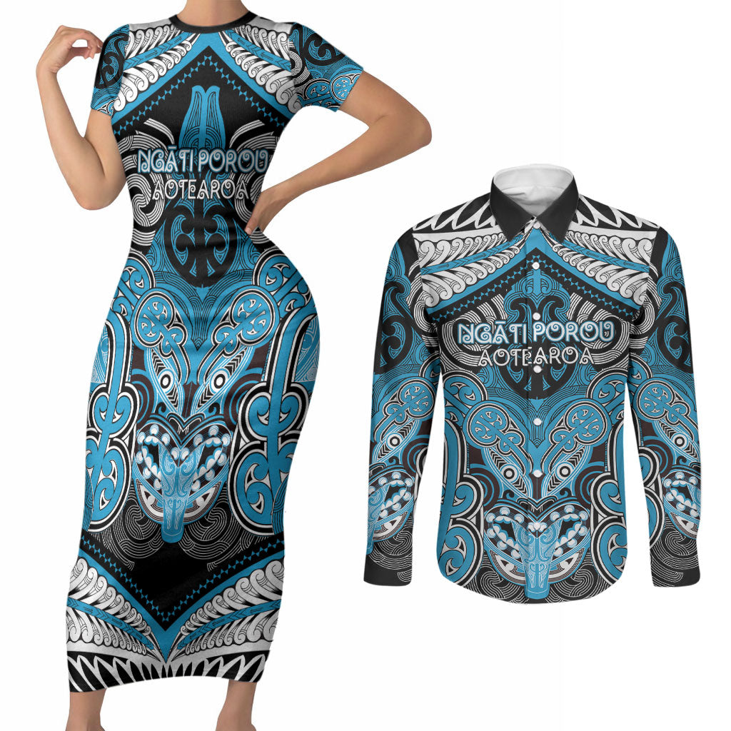 Aotearoa Iwi Ngati Porou Personalised Couples Matching Short Sleeve Bodycon Dress and Long Sleeve Button Shirt Maori Kowhaiwhai Pattern