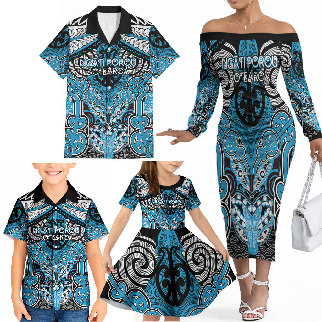Aotearoa Iwi Ngati Porou Personalised Family Matching Off The Shoulder Long Sleeve Dress and Hawaiian Shirt Maori Kowhaiwhai Pattern