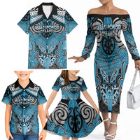 Aotearoa Iwi Ngati Porou Personalised Family Matching Off The Shoulder Long Sleeve Dress and Hawaiian Shirt Maori Kowhaiwhai Pattern