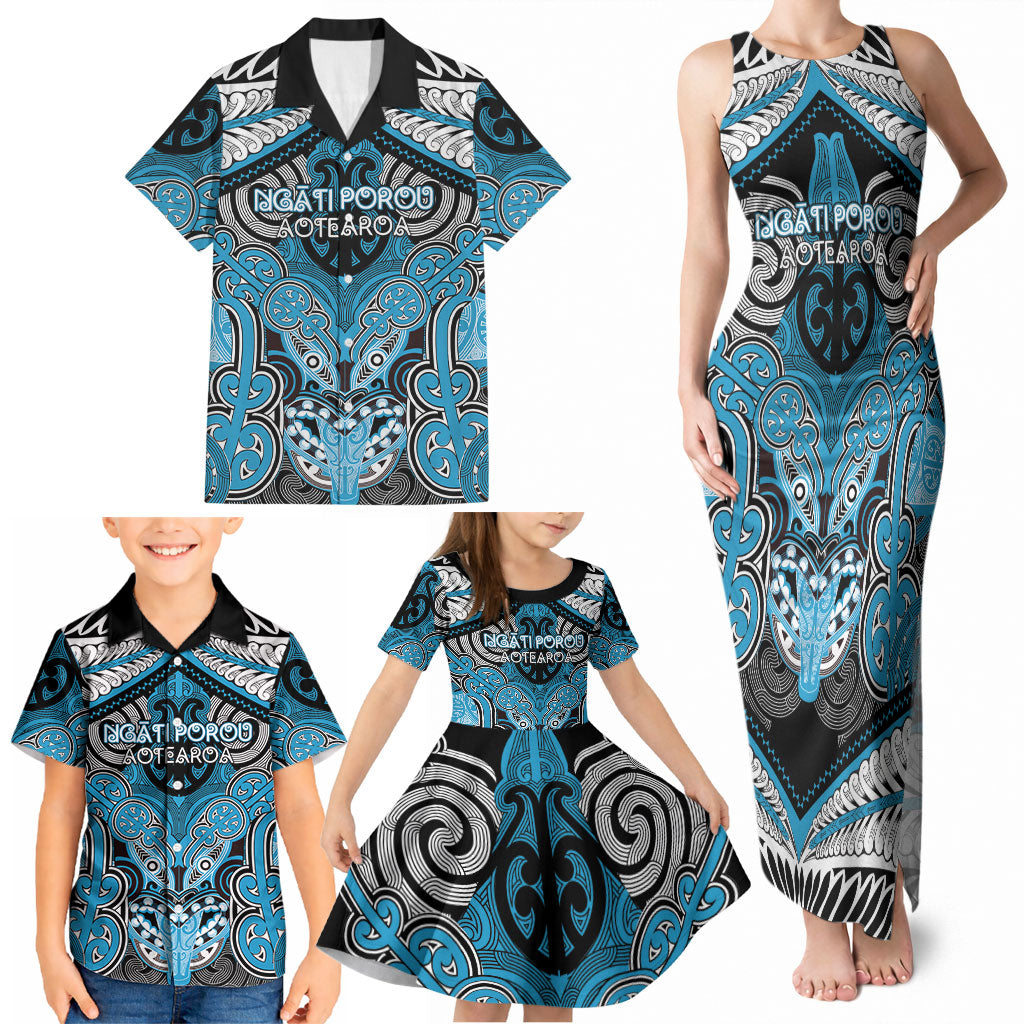 Aotearoa Iwi Ngati Porou Personalised Family Matching Tank Maxi Dress and Hawaiian Shirt Maori Kowhaiwhai Pattern