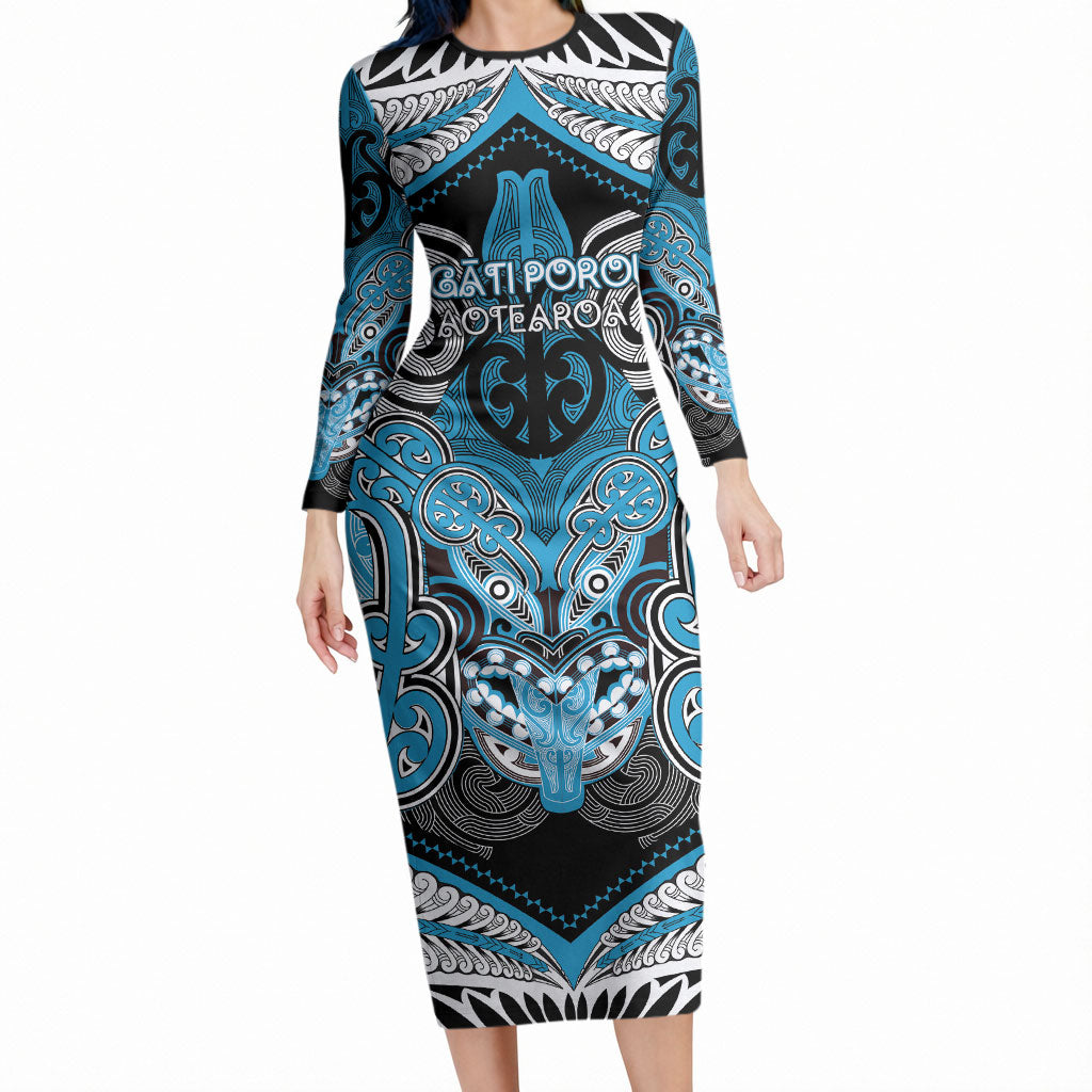 Aotearoa Iwi Ngati Porou Personalised Long Sleeve Bodycon Dress Maori Kowhaiwhai Pattern