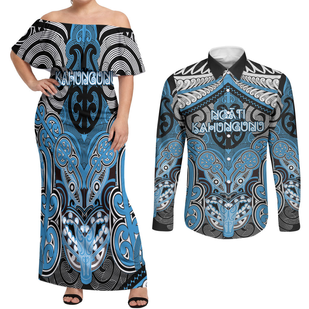 Aotearoa Iwi Ngati Kahungunu Personalised Couples Matching Off Shoulder Maxi Dress and Long Sleeve Button Shirt Maori Kowhaiwhai Pattern