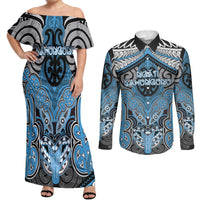 Aotearoa Iwi Ngati Kahungunu Personalised Couples Matching Off Shoulder Maxi Dress and Long Sleeve Button Shirt Maori Kowhaiwhai Pattern
