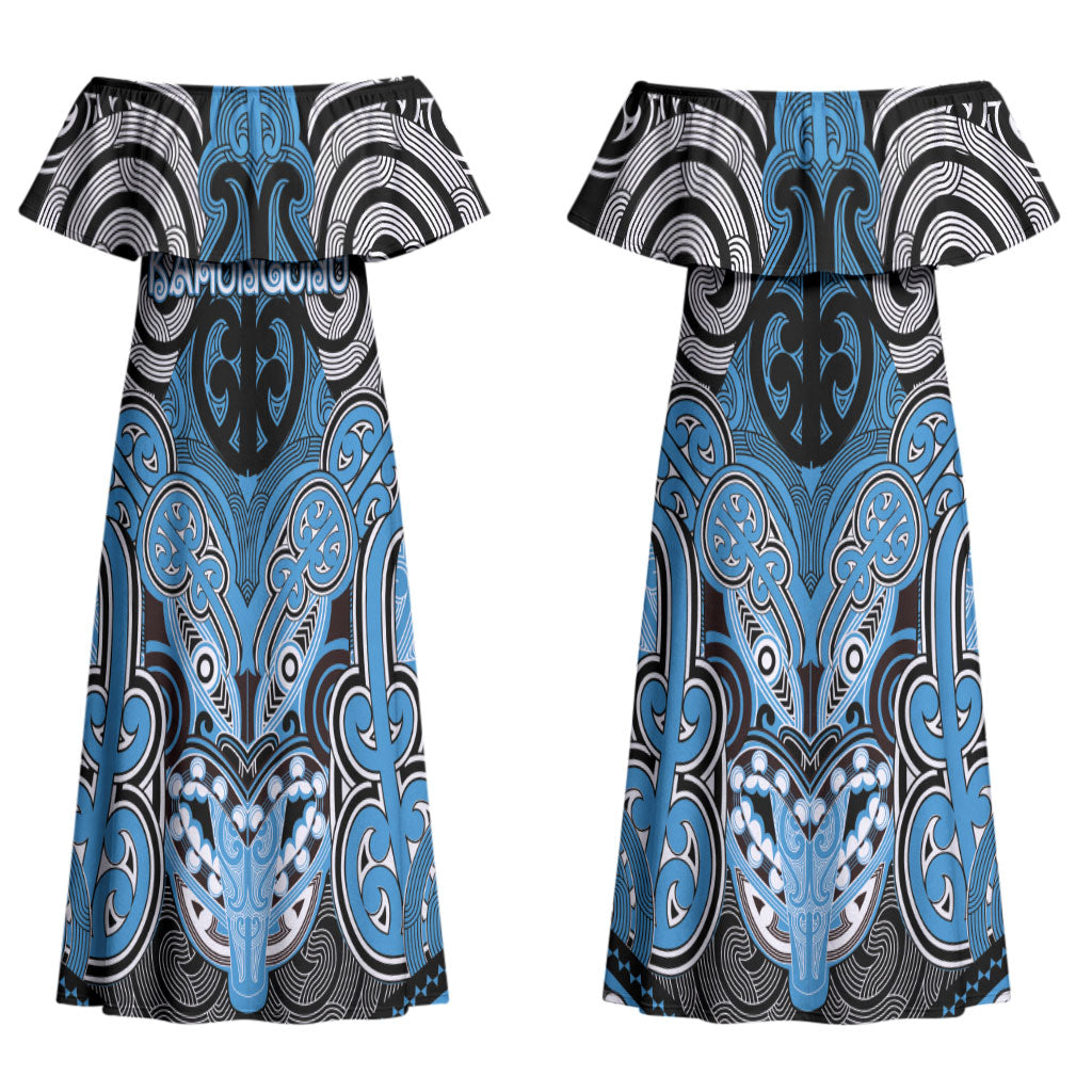 Aotearoa Iwi Ngati Kahungunu Personalised Couples Matching Off Shoulder Maxi Dress and Long Sleeve Button Shirt Maori Kowhaiwhai Pattern