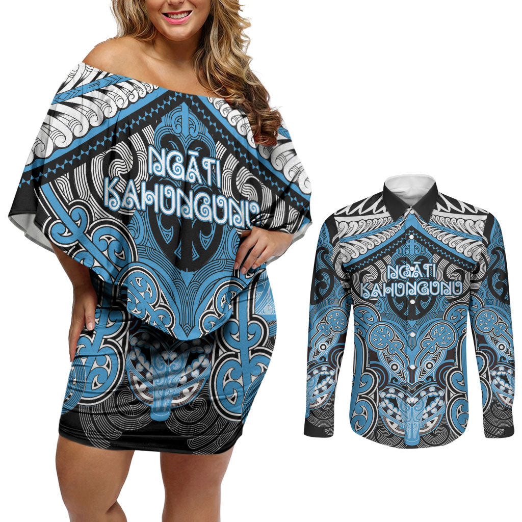 Aotearoa Iwi Ngati Kahungunu Personalised Couples Matching Off Shoulder Short Dress and Long Sleeve Button Shirt Maori Kowhaiwhai Pattern