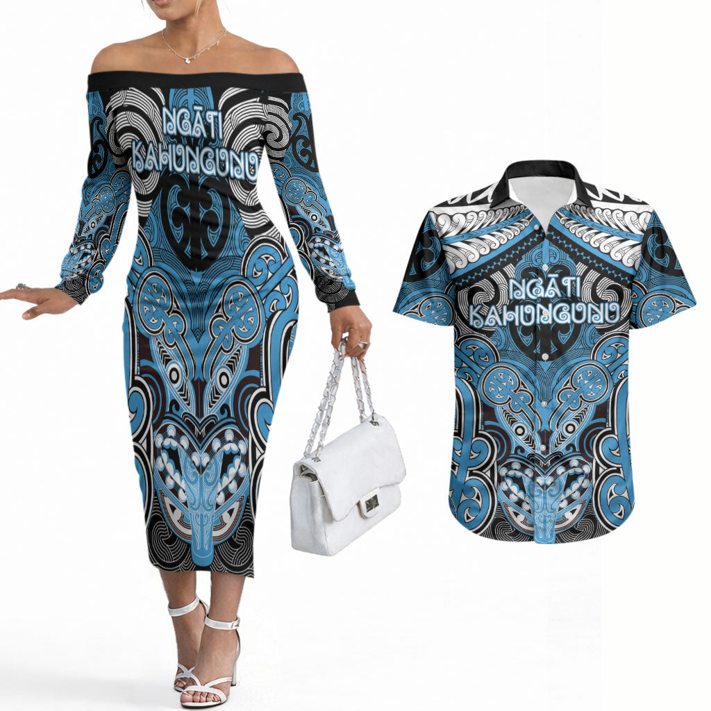 Aotearoa Iwi Ngati Kahungunu Personalised Couples Matching Off The Shoulder Long Sleeve Dress and Hawaiian Shirt Maori Kowhaiwhai Pattern