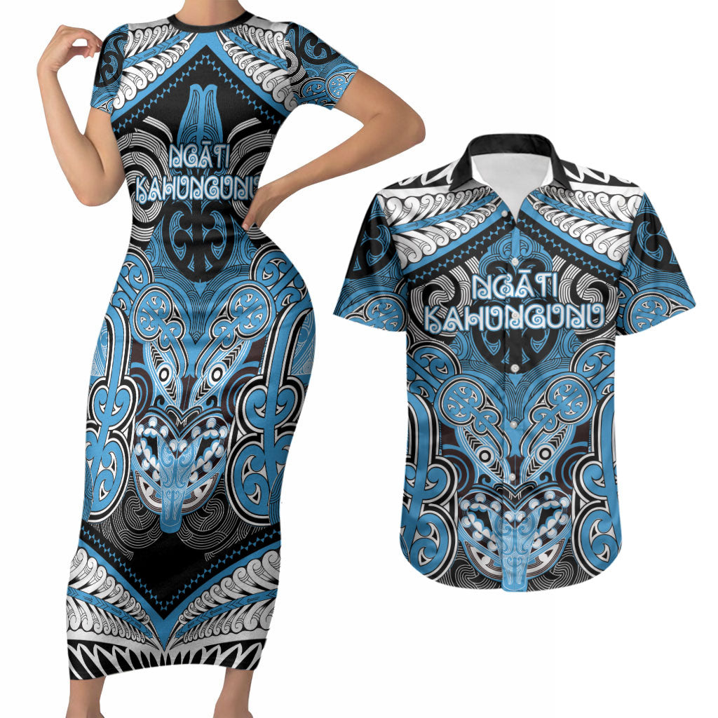 Aotearoa Iwi Ngati Kahungunu Personalised Couples Matching Short Sleeve Bodycon Dress and Hawaiian Shirt Maori Kowhaiwhai Pattern