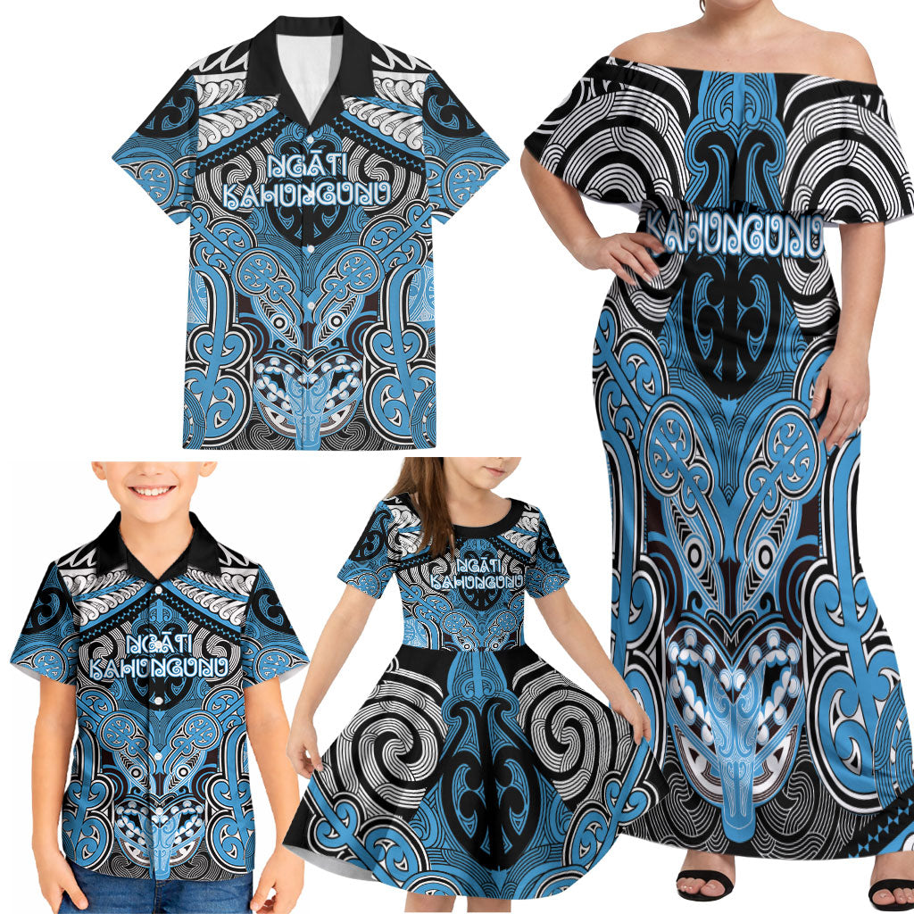 Aotearoa Iwi Ngati Kahungunu Personalised Family Matching Off Shoulder Maxi Dress and Hawaiian Shirt Maori Kowhaiwhai Pattern