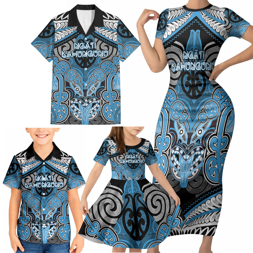 Aotearoa Iwi Ngati Kahungunu Personalised Family Matching Short Sleeve Bodycon Dress and Hawaiian Shirt Maori Kowhaiwhai Pattern