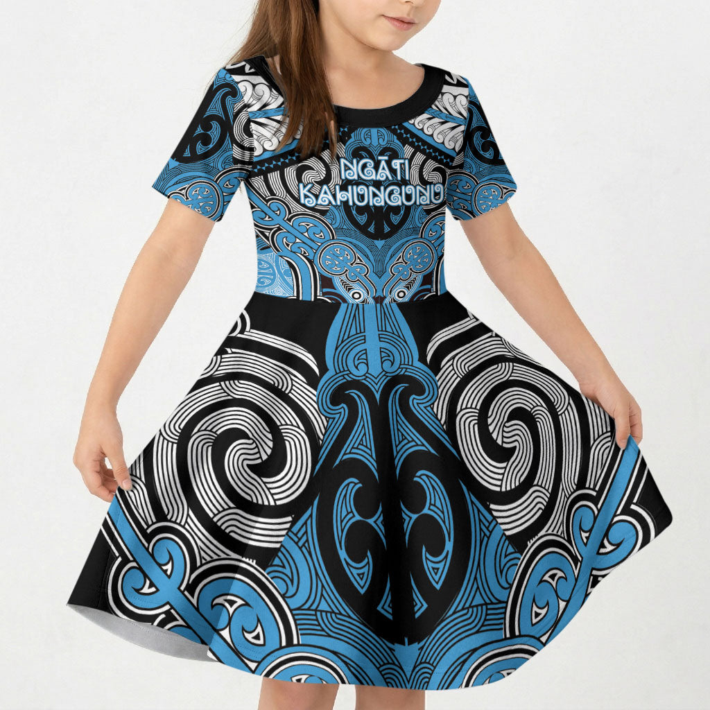 Aotearoa Iwi Ngati Kahungunu Personalised Kid Short Sleeve Dress Maori Kowhaiwhai Pattern LT19 KID Blue - Polynesian Pride