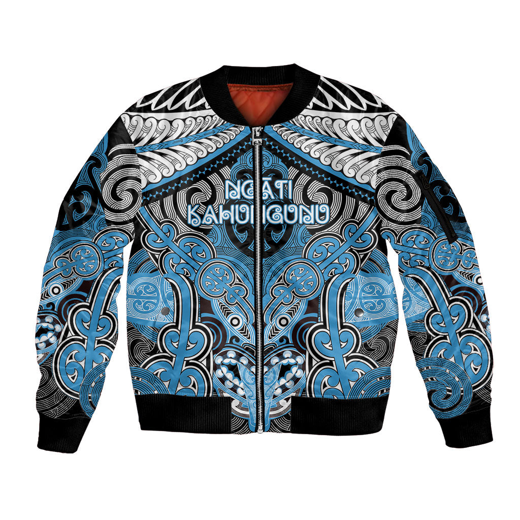 Aotearoa Iwi Ngati Kahungunu Personalised Sleeve Zip Bomber Jacket Maori Kowhaiwhai Pattern LT19 Unisex Blue - Polynesian Pride