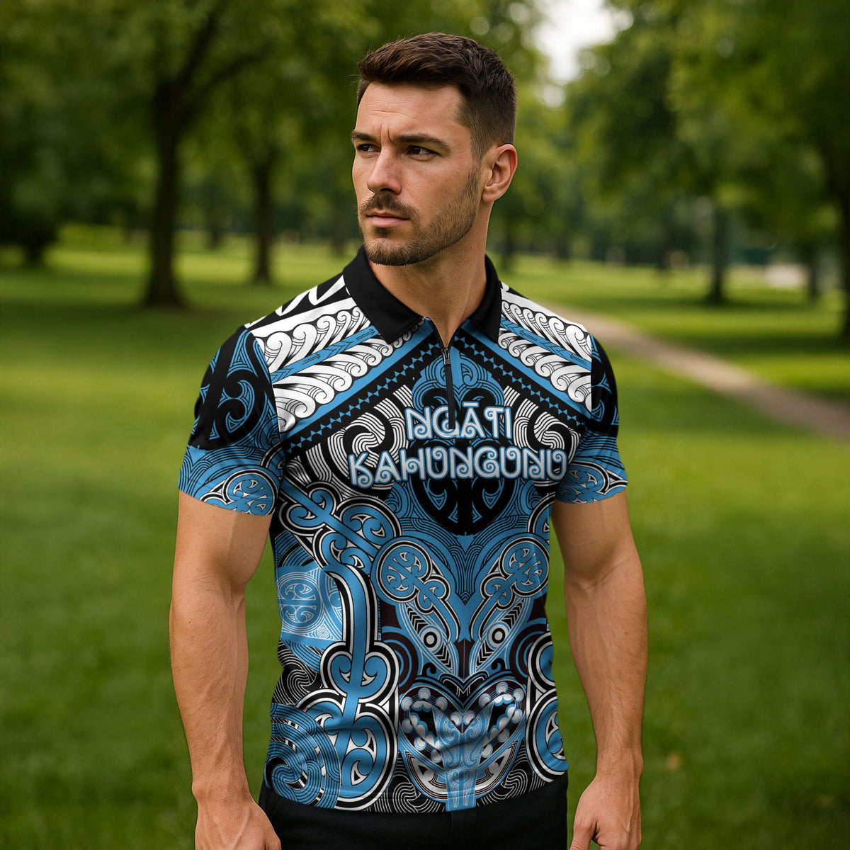 Aotearoa Iwi Ngati Kahungunu Personalised Zipper Polo Shirt Maori Kowhaiwhai Pattern