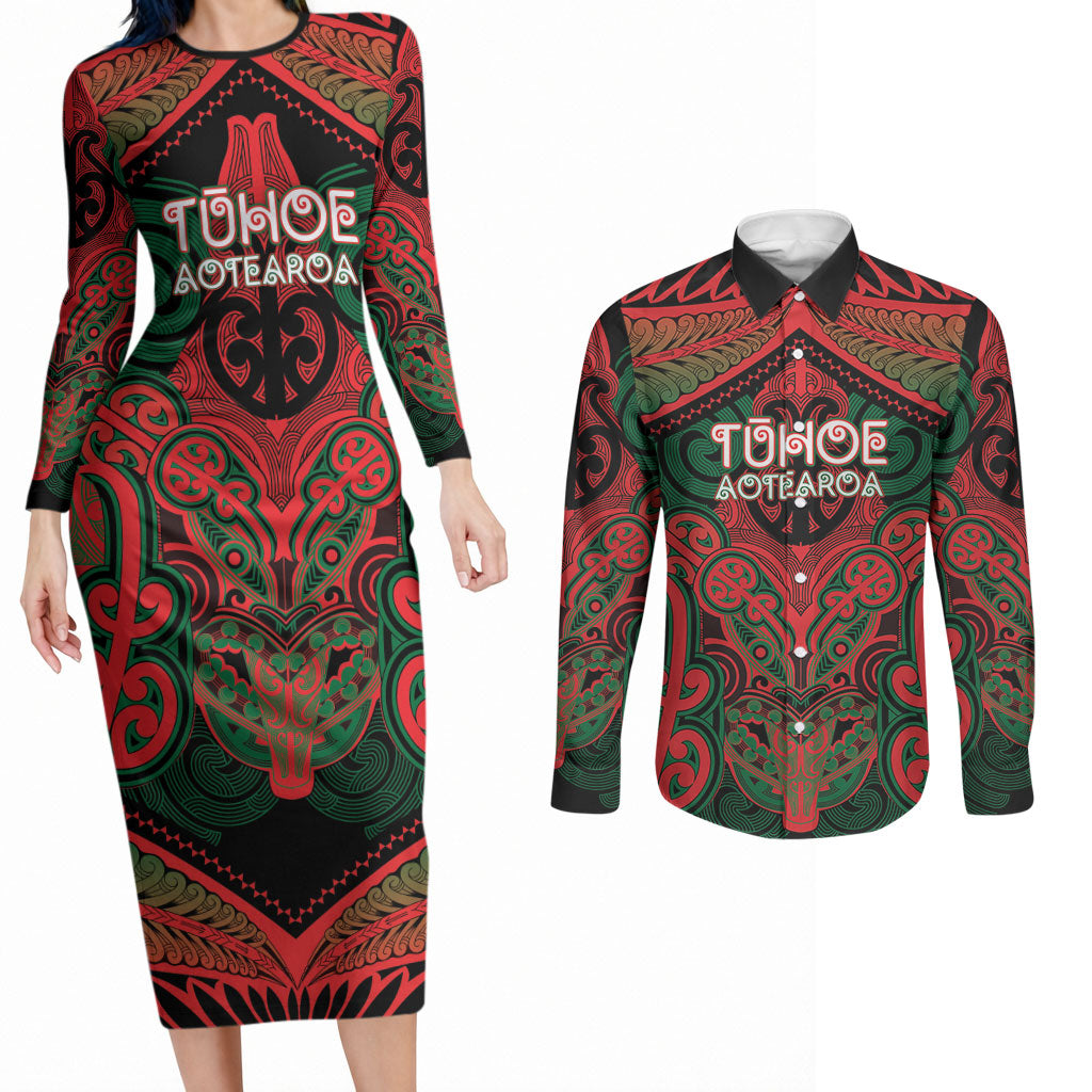 Aotearoa Iwi Tuhoe Personalised Couples Matching Long Sleeve Bodycon Dress and Long Sleeve Button Shirt Maori Kowhaiwhai Pattern