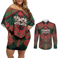 Aotearoa Iwi Tuhoe Personalised Couples Matching Off Shoulder Short Dress and Long Sleeve Button Shirt Maori Kowhaiwhai Pattern