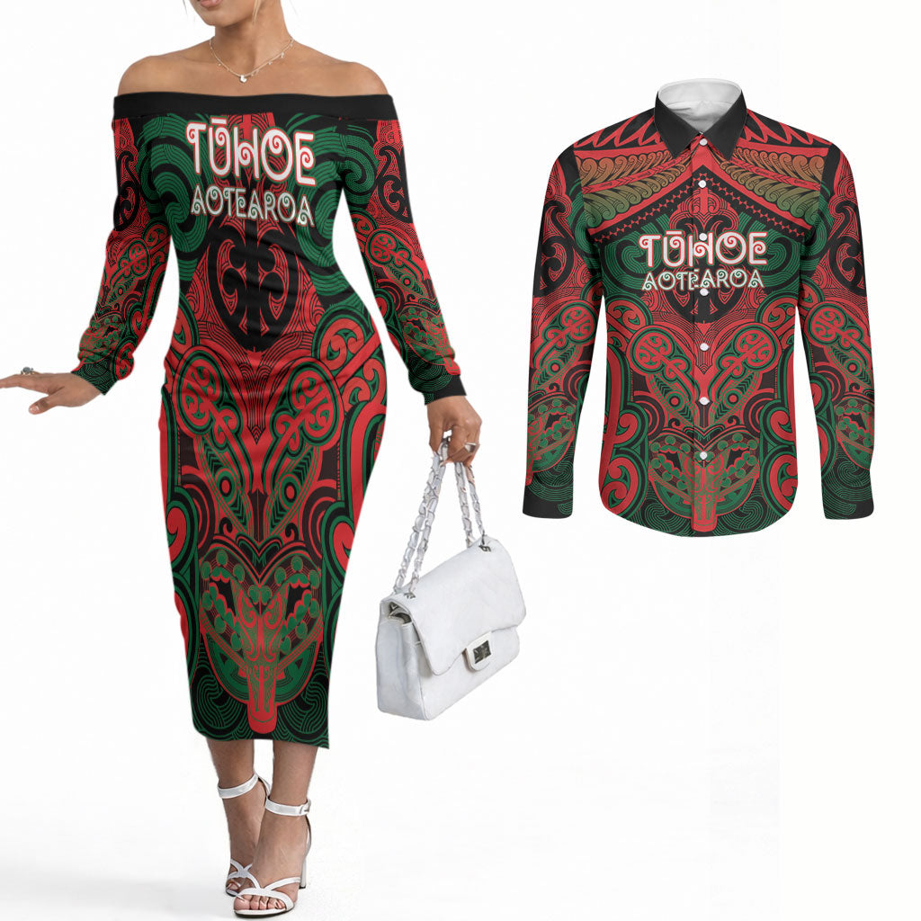 Aotearoa Iwi Tuhoe Personalised Couples Matching Off The Shoulder Long Sleeve Dress and Long Sleeve Button Shirt Maori Kowhaiwhai Pattern