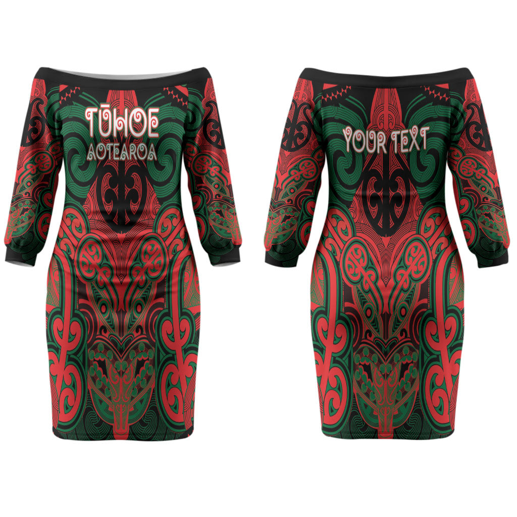 Aotearoa Iwi Tuhoe Personalised Couples Matching Off The Shoulder Long Sleeve Dress and Long Sleeve Button Shirt Maori Kowhaiwhai Pattern