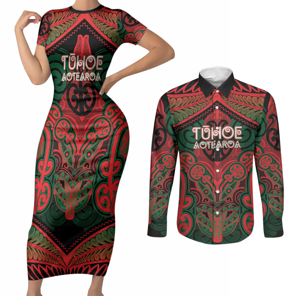 Aotearoa Iwi Tuhoe Personalised Couples Matching Short Sleeve Bodycon Dress and Long Sleeve Button Shirt Maori Kowhaiwhai Pattern