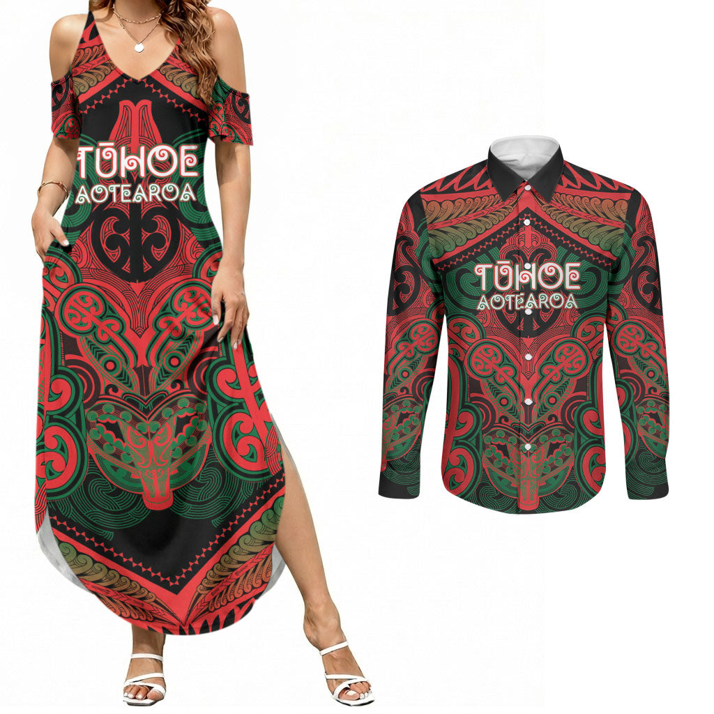 Aotearoa Iwi Tuhoe Personalised Couples Matching Summer Maxi Dress and Long Sleeve Button Shirt Maori Kowhaiwhai Pattern