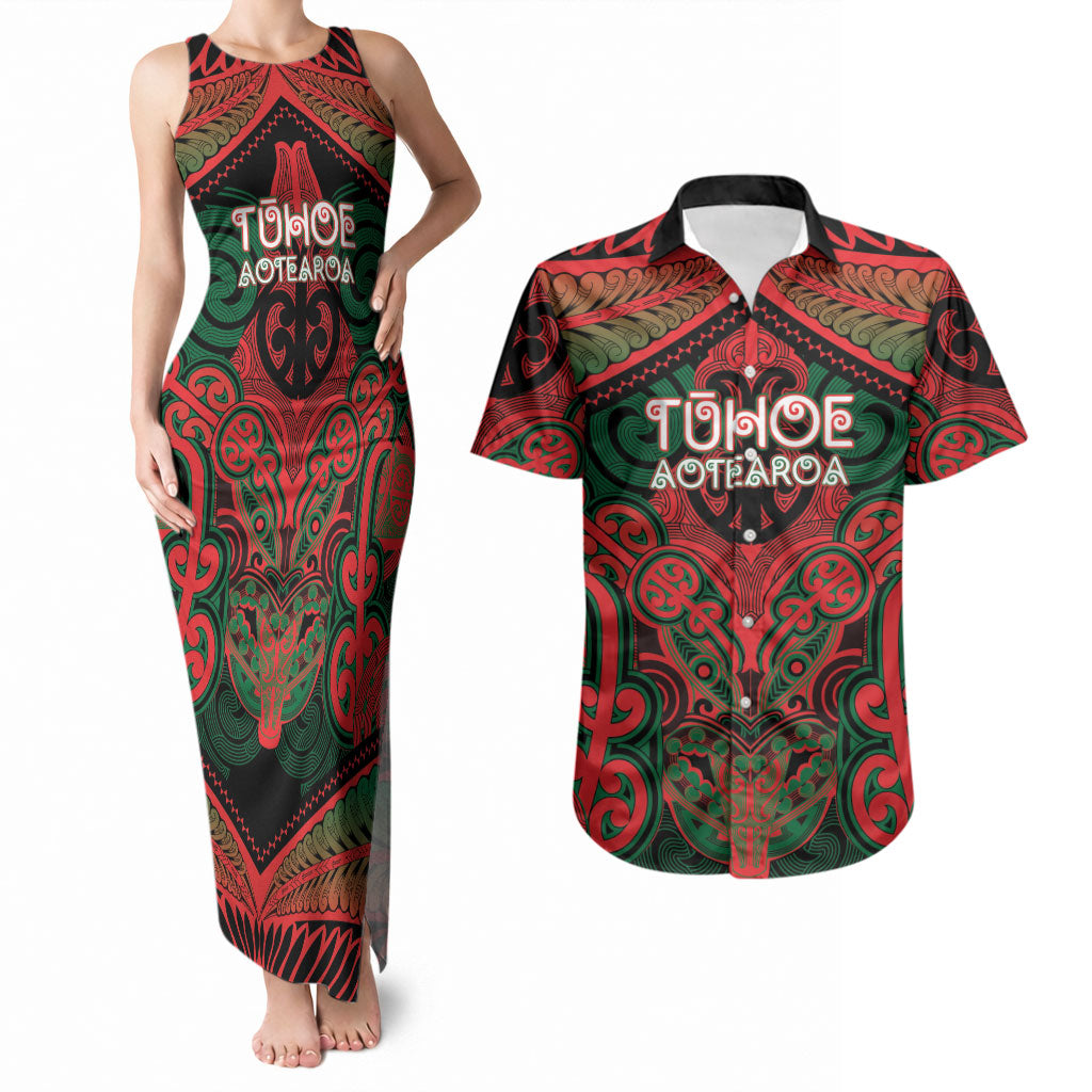 Aotearoa Iwi Tuhoe Personalised Couples Matching Tank Maxi Dress and Hawaiian Shirt Maori Kowhaiwhai Pattern
