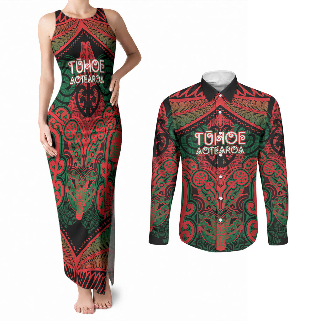 Aotearoa Iwi Tuhoe Personalised Couples Matching Tank Maxi Dress and Long Sleeve Button Shirt Maori Kowhaiwhai Pattern