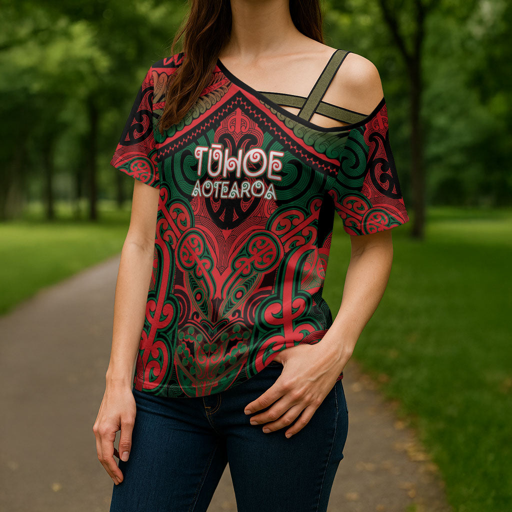 Aotearoa Iwi Tuhoe Personalised Cross Shoulder Shirt Maori Kowhaiwhai Pattern