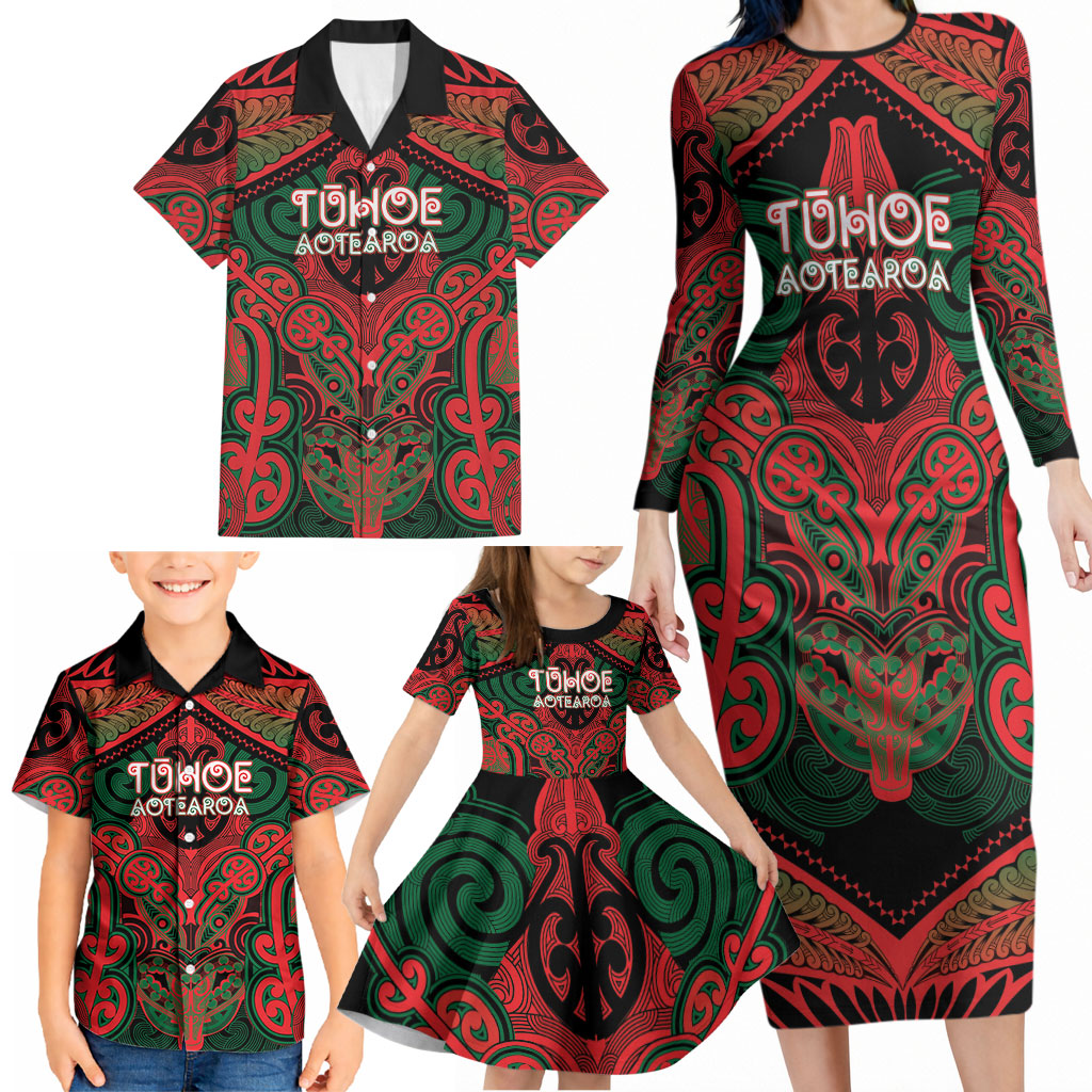 Aotearoa Iwi Tuhoe Personalised Family Matching Long Sleeve Bodycon Dress and Hawaiian Shirt Maori Kowhaiwhai Pattern