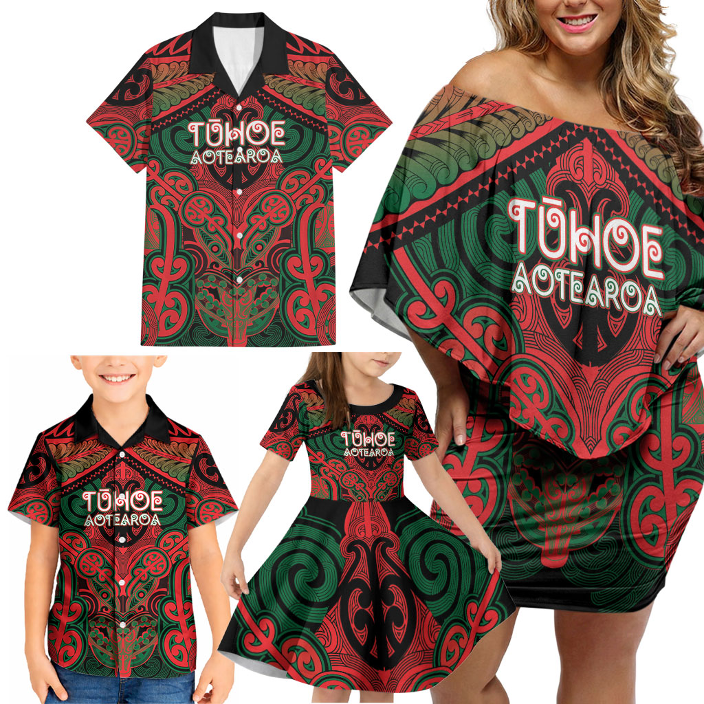 Aotearoa Iwi Tuhoe Personalised Family Matching Off Shoulder Short Dress and Hawaiian Shirt Maori Kowhaiwhai Pattern