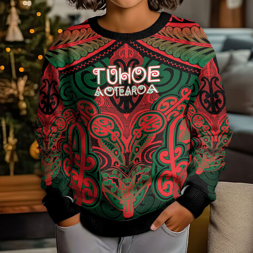 Aotearoa Iwi Tuhoe Personalised Kid Ugly Christmas Sweater Maori Kowhaiwhai Pattern