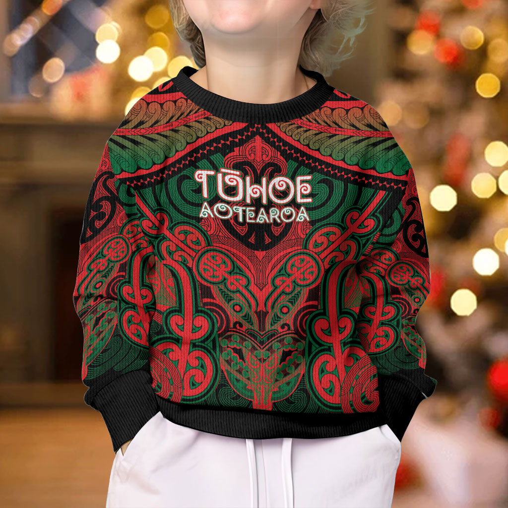 Aotearoa Iwi Tuhoe Personalised Kid Ugly Christmas Sweater Maori Kowhaiwhai Pattern