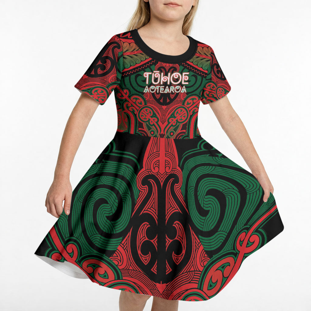 Aotearoa Iwi Tuhoe Personalised Kid Short Sleeve Dress Maori Kowhaiwhai Pattern