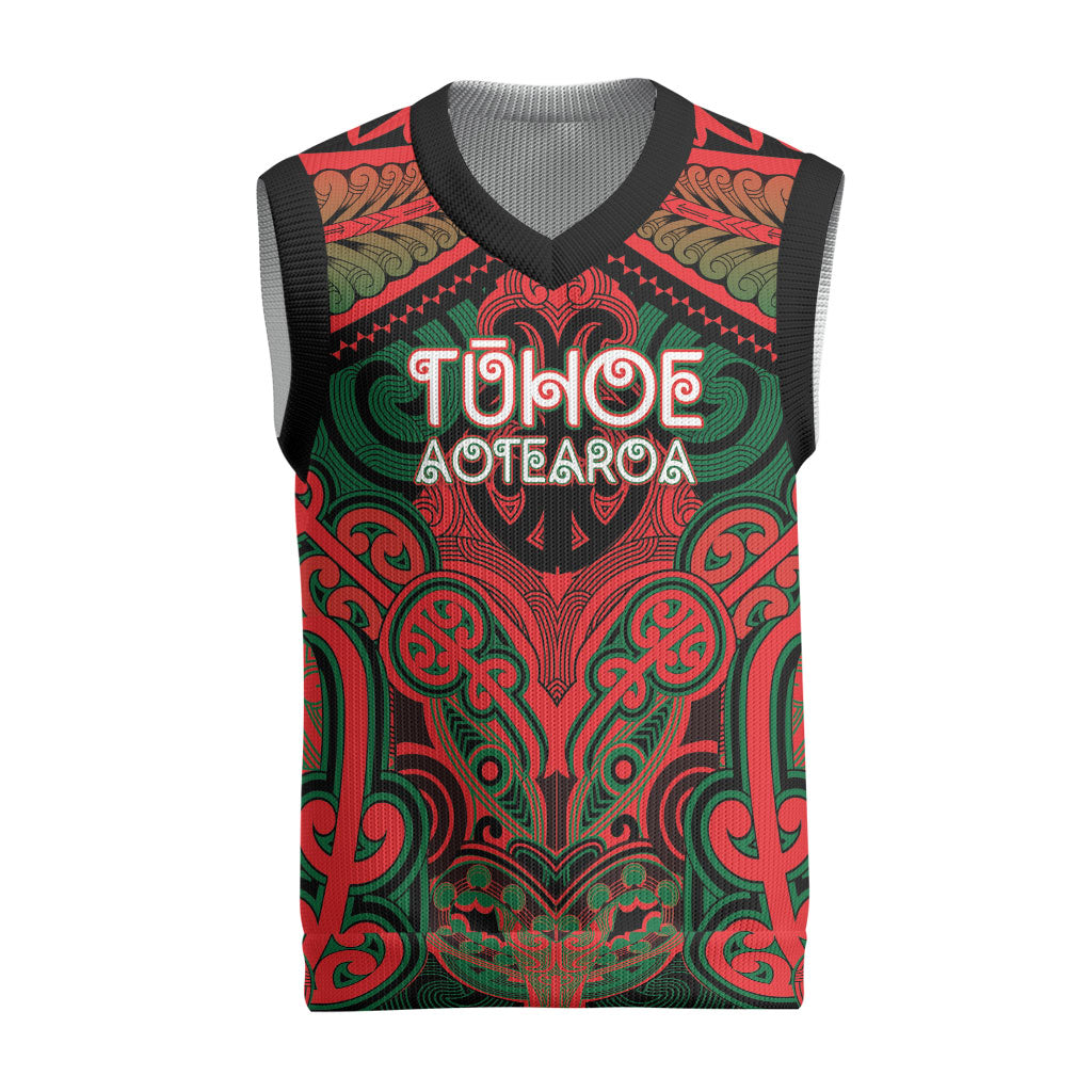 Aotearoa Iwi Tuhoe Personalised Christmas Knitted V-Neck Vest Maori Kowhaiwhai Pattern LT19 Red - Polynesian Pride