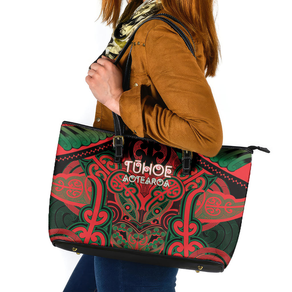 Aotearoa Iwi Tuhoe Leather Tote Bag Maori Kowhaiwhai Pattern LT19 Red - Polynesian Pride