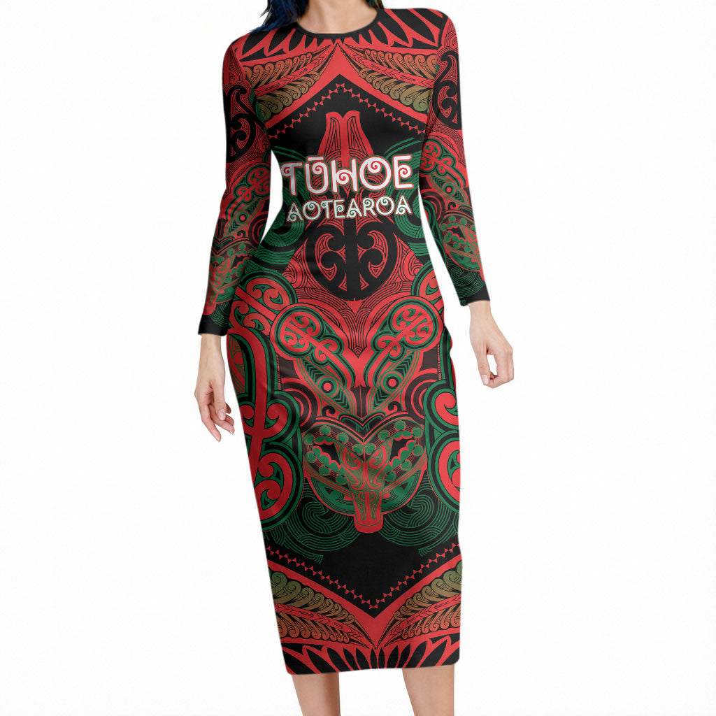 Aotearoa Iwi Tuhoe Personalised Long Sleeve Bodycon Dress Maori Kowhaiwhai Pattern