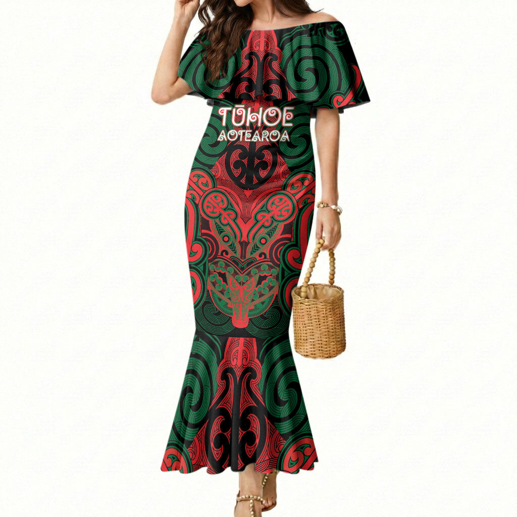 Aotearoa Iwi Tuhoe Personalised Mermaid Dress Maori Kowhaiwhai Pattern LT19 Women Red - Polynesian Pride