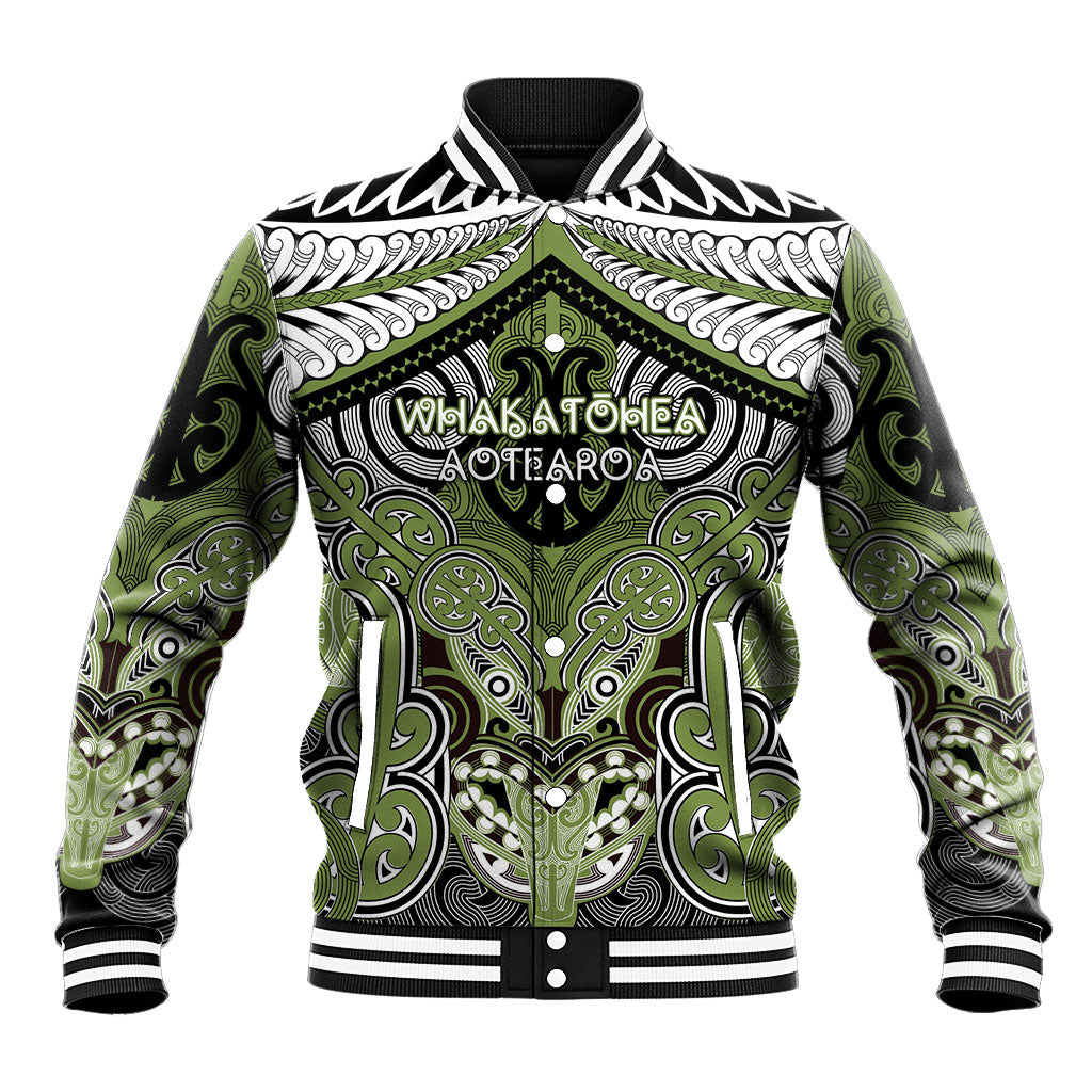 Aotearoa Iwi Whakatohea Personalised Baseball Jacket Maori Kowhaiwhai Pattern LT19 Unisex Olive Green - Polynesian Pride