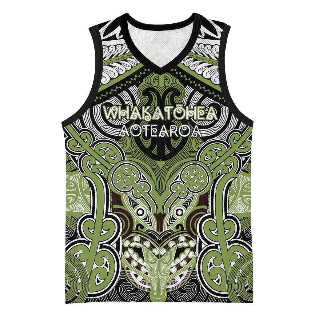 Aotearoa Iwi Whakatohea Personalised Basketball Jersey Maori Kowhaiwhai Pattern LT19 Unisex Olive Green - Polynesian Pride