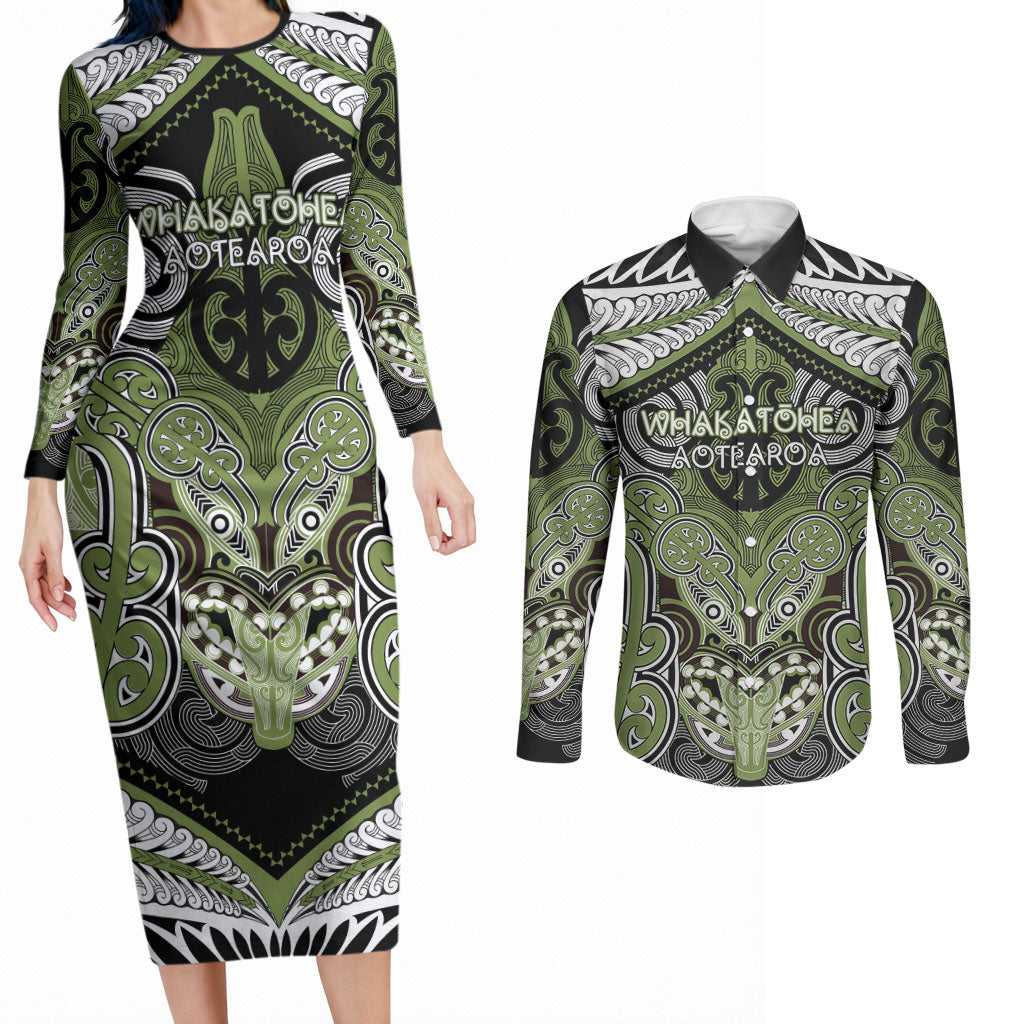 Aotearoa Iwi Whakatohea Personalised Couples Matching Long Sleeve Bodycon Dress and Long Sleeve Button Shirt Maori Kowhaiwhai Pattern