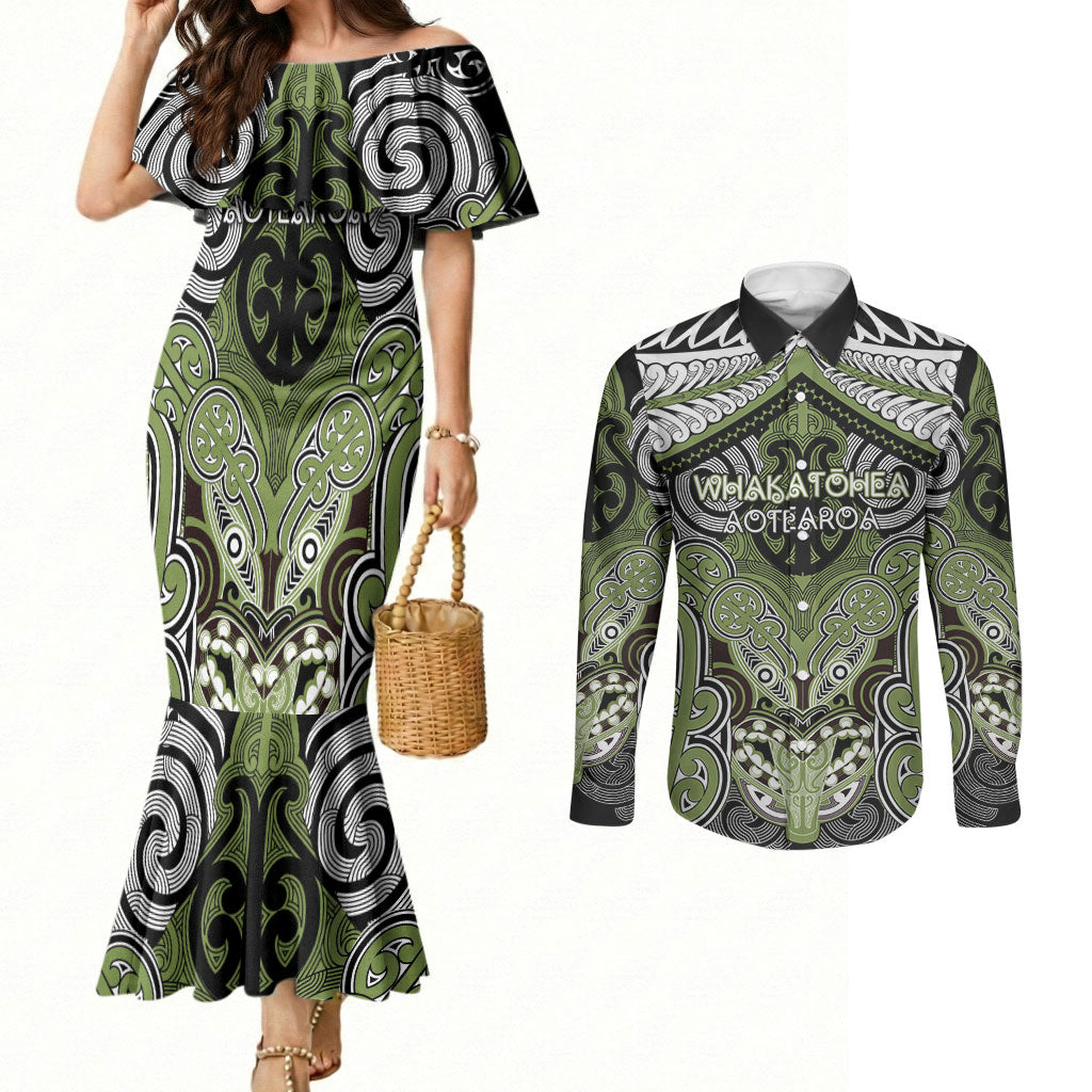 Aotearoa Iwi Whakatohea Personalised Couples Matching Mermaid Dress and Long Sleeve Button Shirt Maori Kowhaiwhai Pattern
