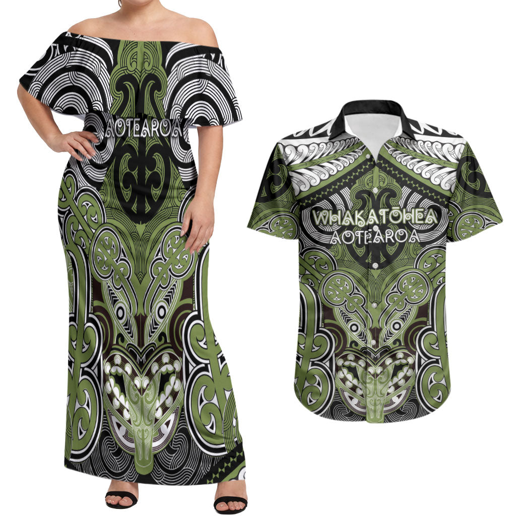 Aotearoa Iwi Whakatohea Personalised Couples Matching Off Shoulder Maxi Dress and Hawaiian Shirt Maori Kowhaiwhai Pattern