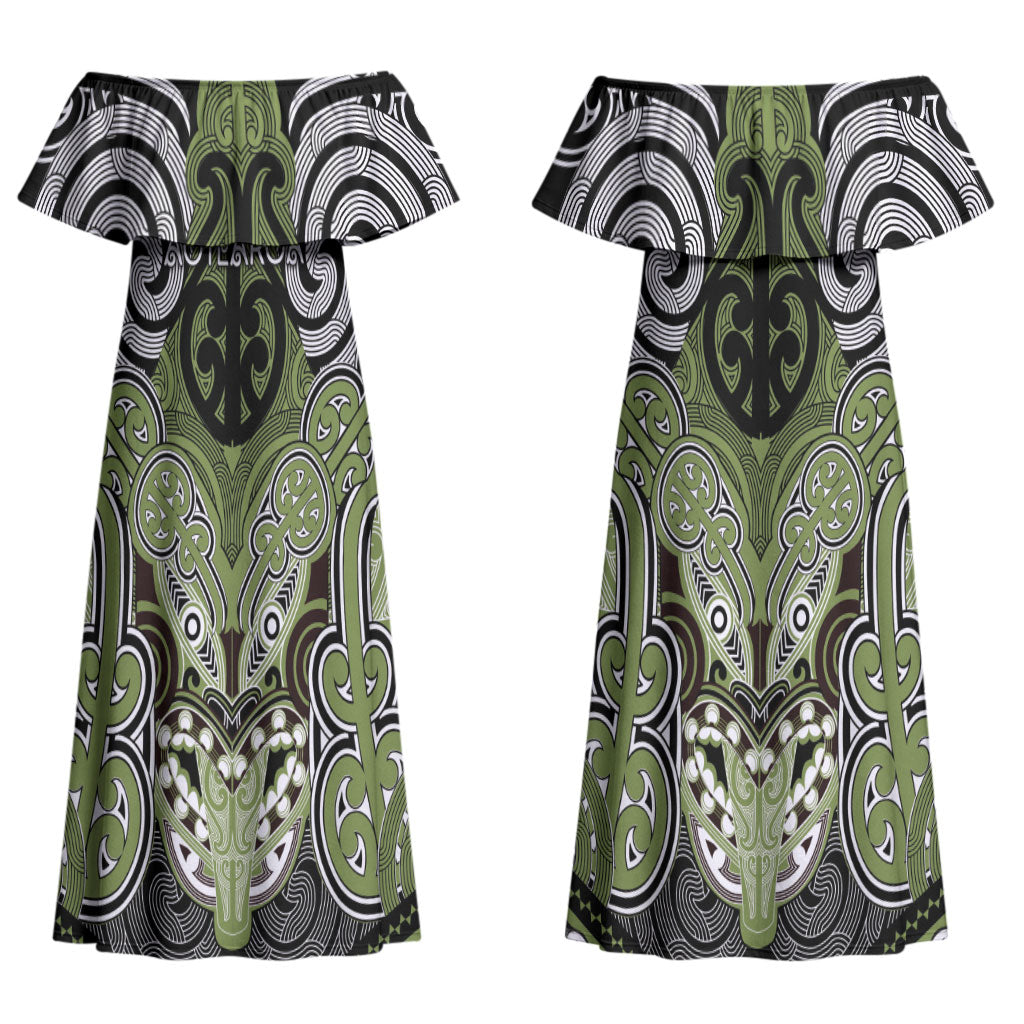 Aotearoa Iwi Whakatohea Personalised Couples Matching Off Shoulder Maxi Dress and Hawaiian Shirt Maori Kowhaiwhai Pattern